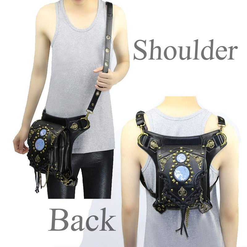 Valentoria Steampunk Waist Bag Fanny Pack Fashion Gothic Leather Shoulder Crossbody Messenger Bags Thigh Leg Hip Holster Purse Travel Pouch Hiking Sport Chain Bags for Women Men (punkwbag C) - Image 5